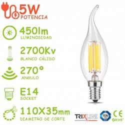Bombilla LED Filamento E14 5W C35 Blanco Calido Trixline