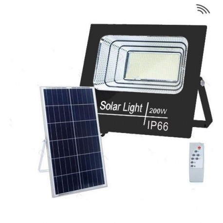 FOCO PROYECTOR LED SOLAR CON SENSOR DE MOVIMIENTO-CREPUSCULAR 200W IP66 PANEL POLICRISTALINO BLANCO FRIO