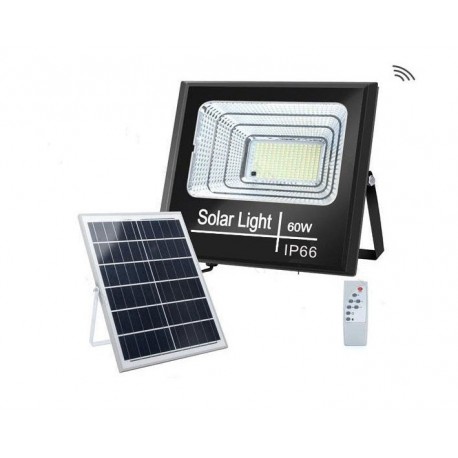 FOCO PROYECTOR LED SOLAR CON SENSOR DE MOVIMIENTO-CREPUSCULAR 60W IP66 PANEL POLICRISTALINO BLANCO FRIO