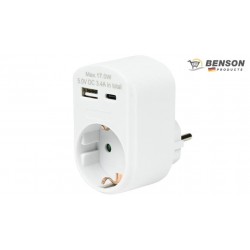 ADAPTADOR ENCHUFE SCHUKO BLANCO + USB A+ USB TYPEC BENSON