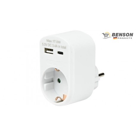 ADAPTADOR ENCHUFE SCHUKO BLANCO + USB A+ USB TYPEC BENSON