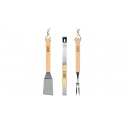 SET BARBACOA ACERO INOX. C/MANGO MADERA 3 PIEZAS (PINZAS-ESPATULA-TENEDOR) BENSON