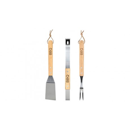 SET BARBACOA ACERO INOX. C/MANGO MADERA 3 PIEZAS (PINZAS-ESPATULA-TENEDOR) BENSON