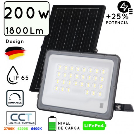 FOCO PROYECTOR LED SOLAR 200W C/SENSOR-CREPUSCULAR C/MANDO IP65 REGULABLE CCT (CALIDO-NEUTRO-FRIO)