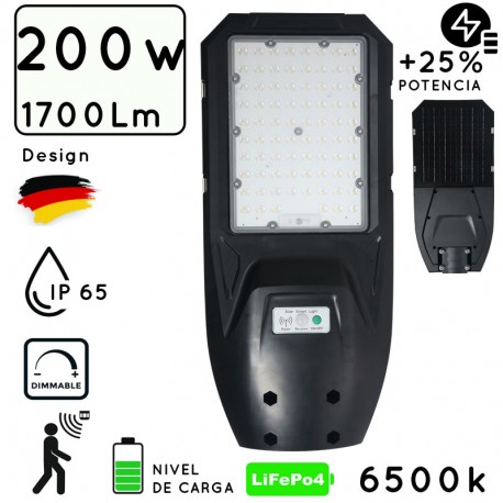LUMINARIA FAROLA LED SOLAR 200W C/SENSOR C/MANDO REGULABLE IP65 B. FRIO Φ400/600mm