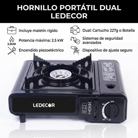 HORNILLO CAMPING GAS DUAL PORTATIL C/FUNDA CON SISTEMA DE SEGURIDAD Y AUTO-ENCENDIDO (USA BOMBONA 227GRS. no incluida) LEDECOR