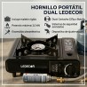 HORNILLO CAMPING GAS DUAL PORTATIL C/FUNDA CON SISTEMA DE SEGURIDAD Y AUTO-ENCENDIDO (USA BOMBONA 227GRS. no incluida) LEDECOR